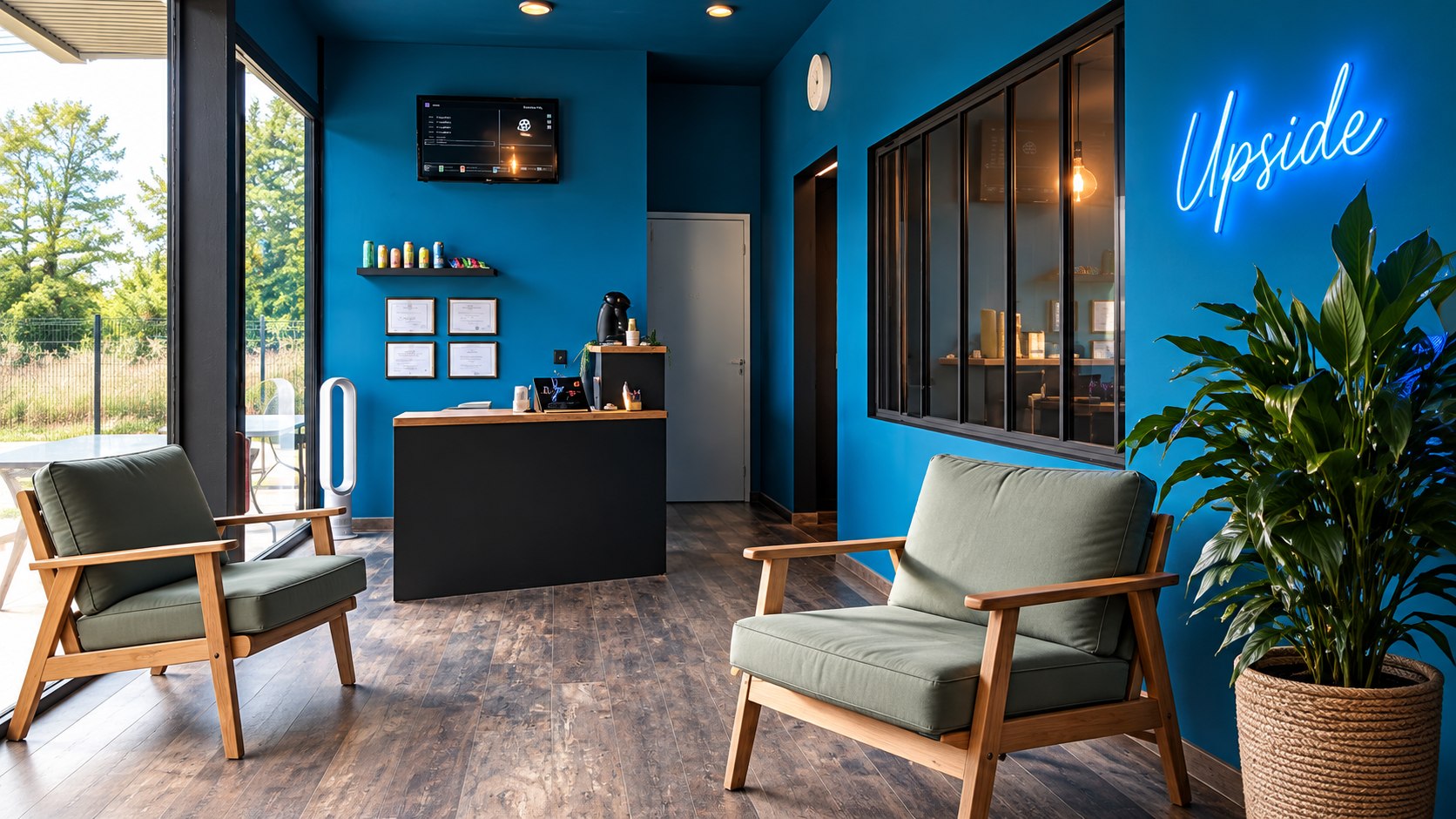 L’accueil Upside Danse : murs bleu canard, fauteuils et enseigne lumineuse
